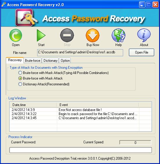 The interface of Access Password Hacker