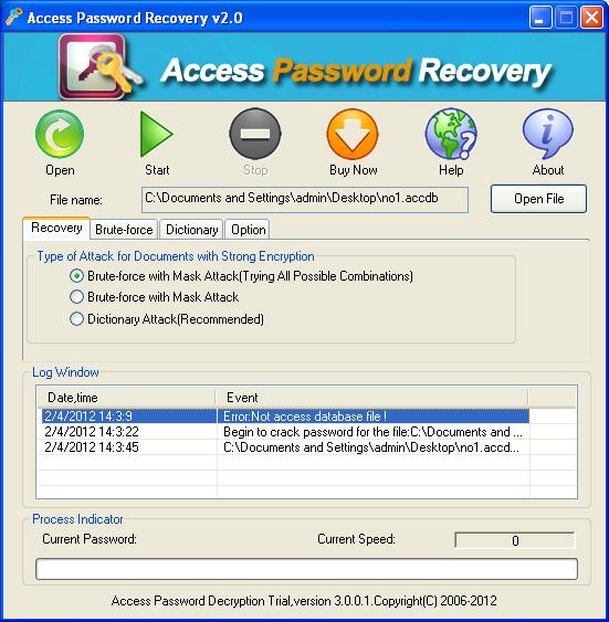 main interface window form of Access Password Remover