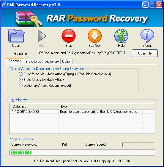 UI of RAR Password Decrypter