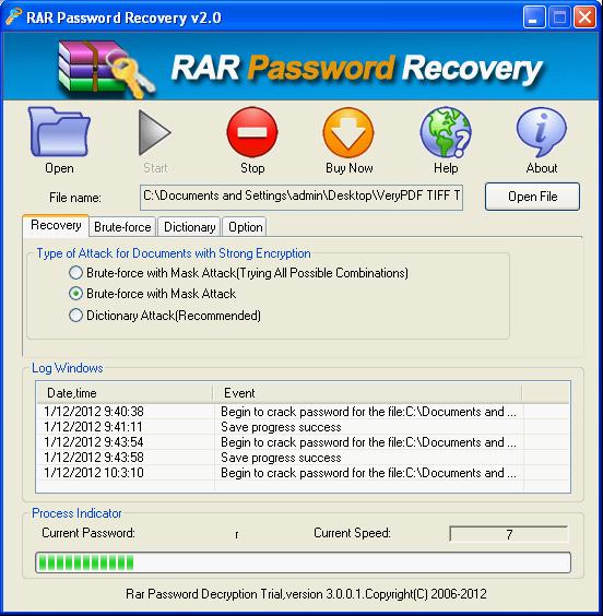 UI of RAR Password Detector