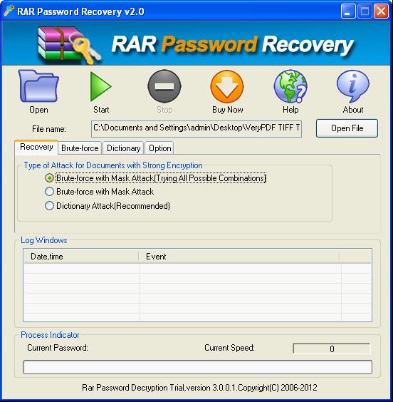 main interface of RAR Password Unlocker